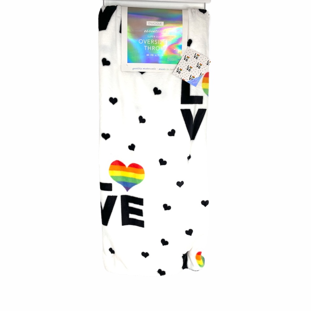 Envogue Love and Hearts Throw Blanket, White, Rainbow, Black, 60x70